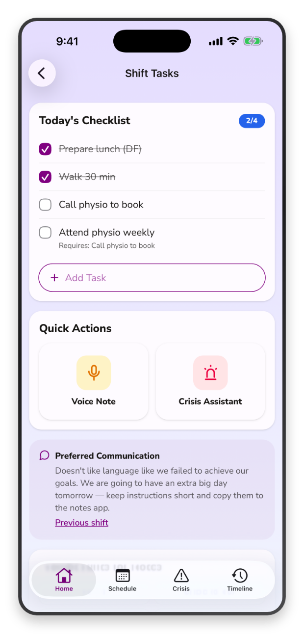 A support worker's shift task checklist in the EnableCare360 app.